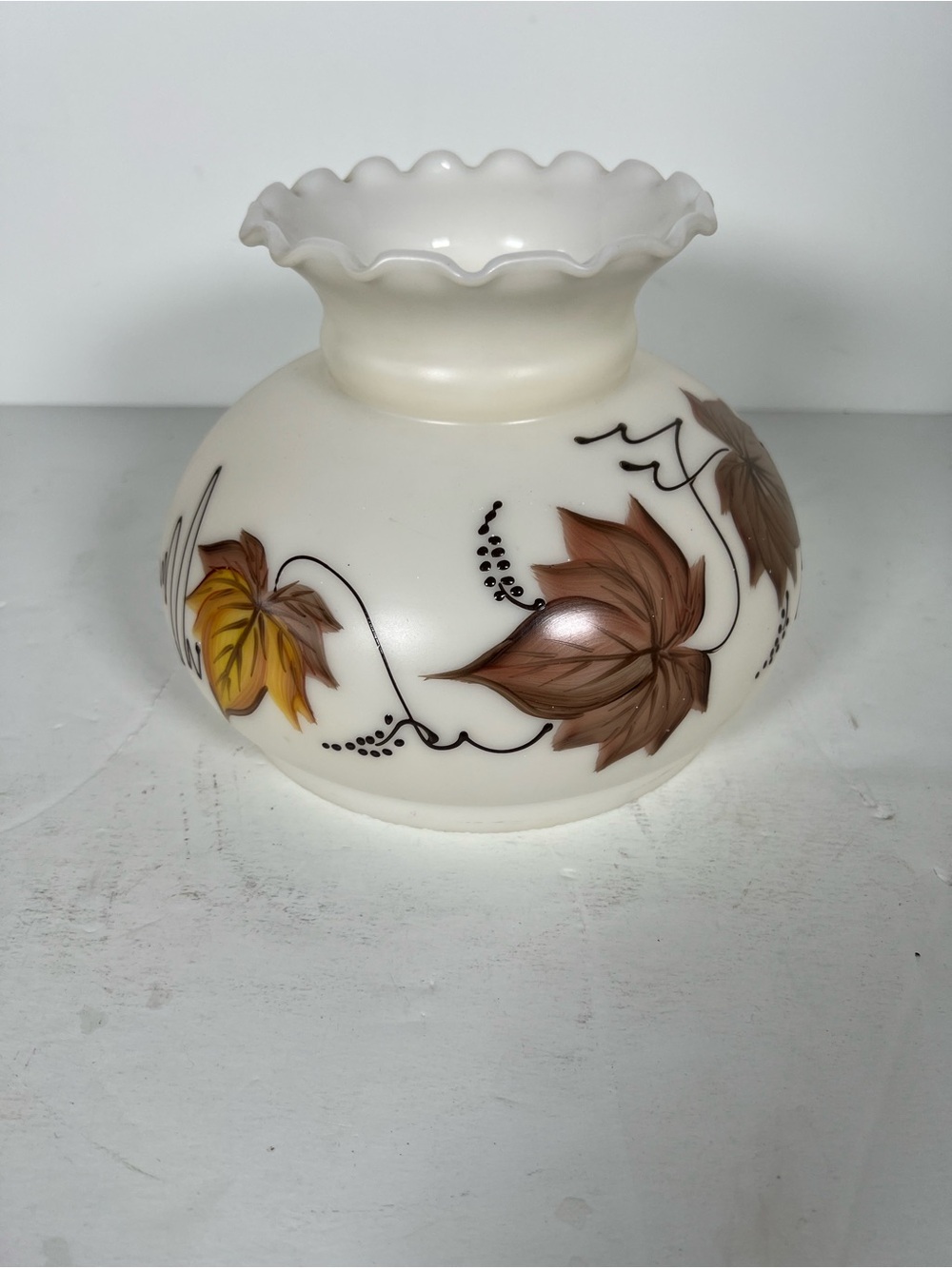 Hurricane Milk Glass White Lantern Shade with Brown and Yellow Leaf Design